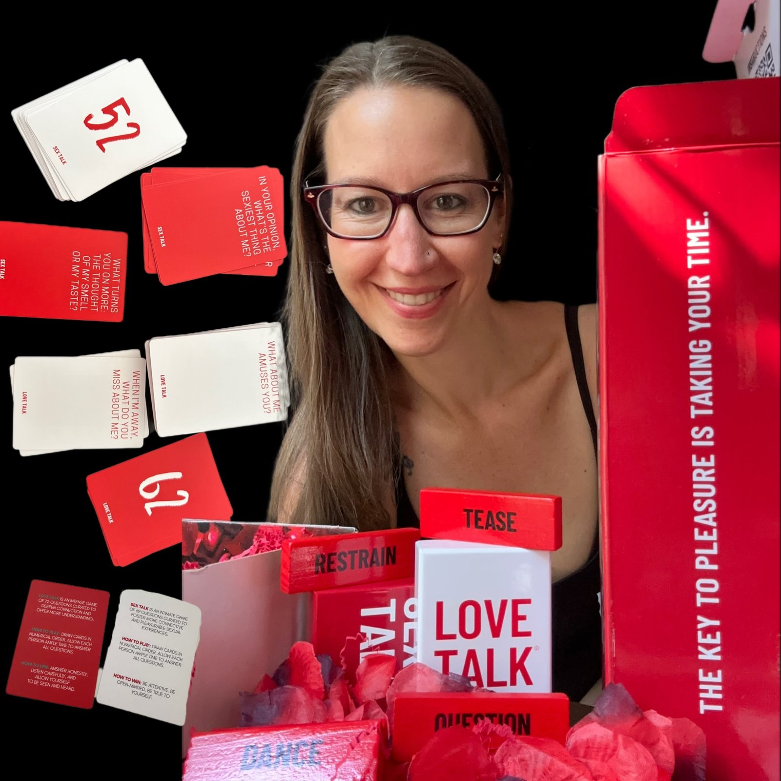 Pleasure Toy Queen Patricia with her intimacy card and block games