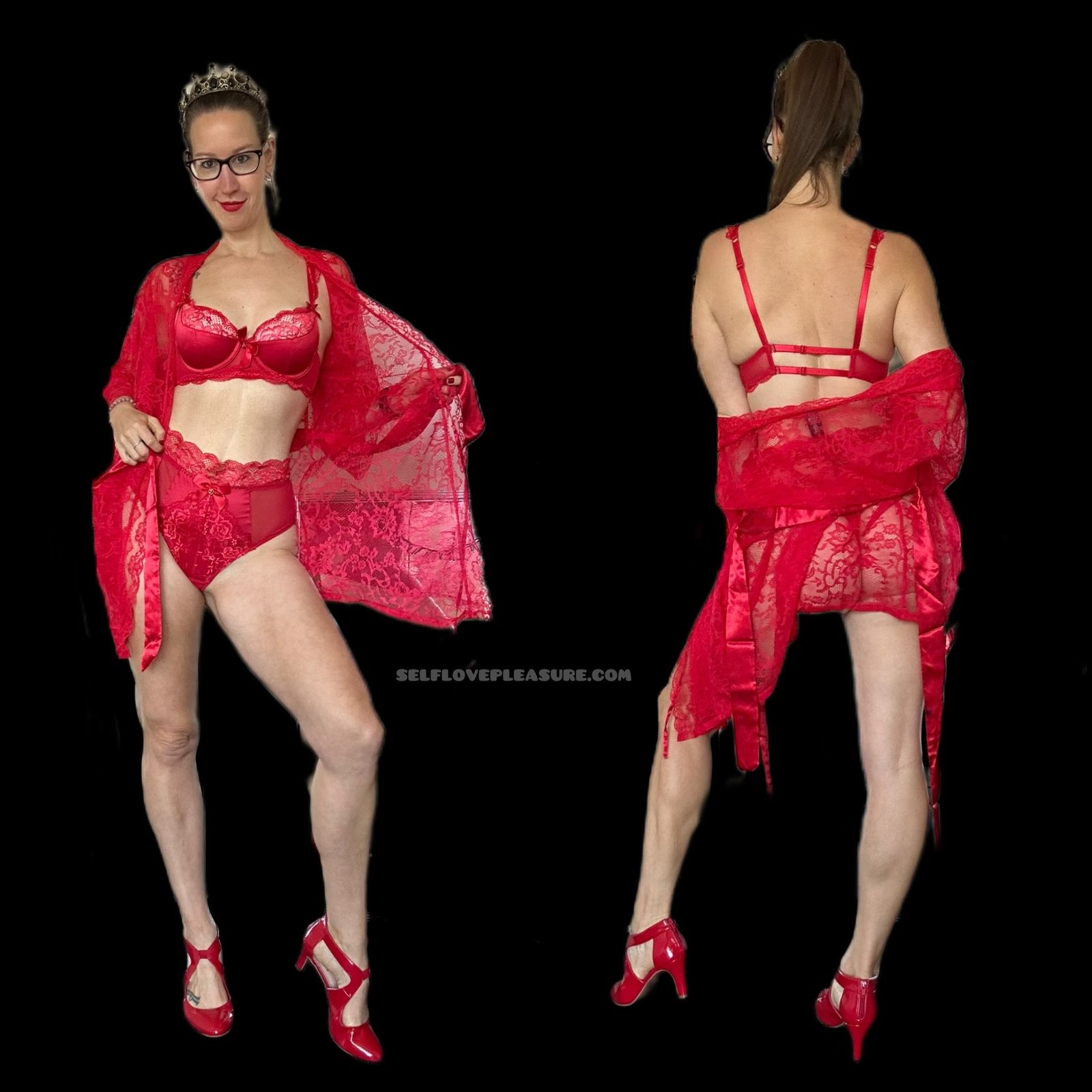 Pleasure Toy Queen wearing red lace lingerie