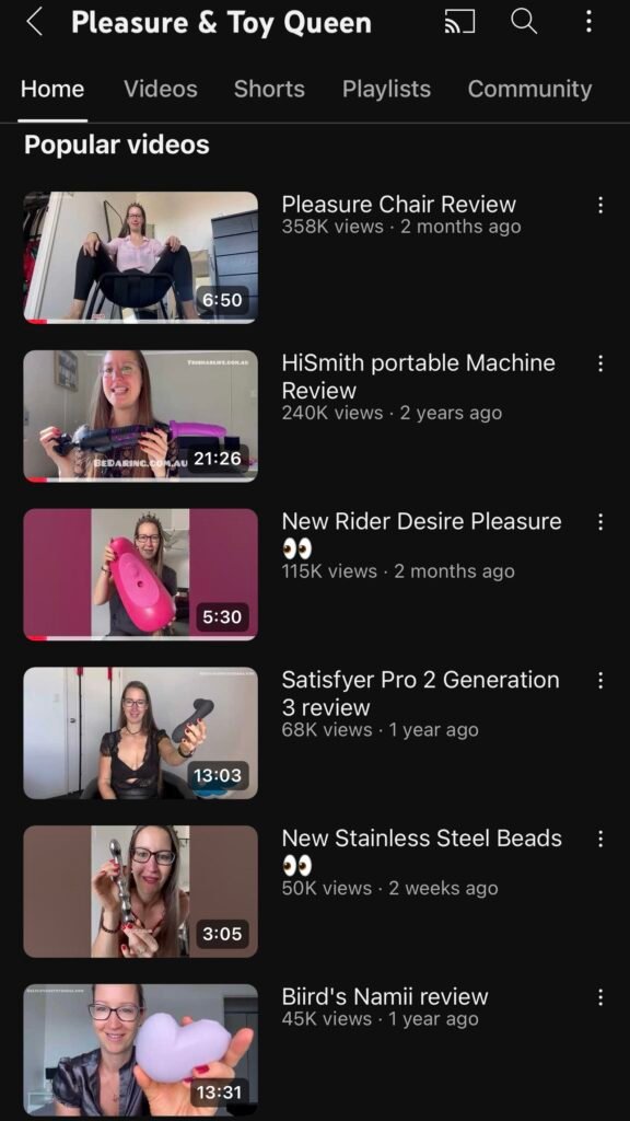 Pleasure product evidence for YouTube views on pleasure toy review videos.