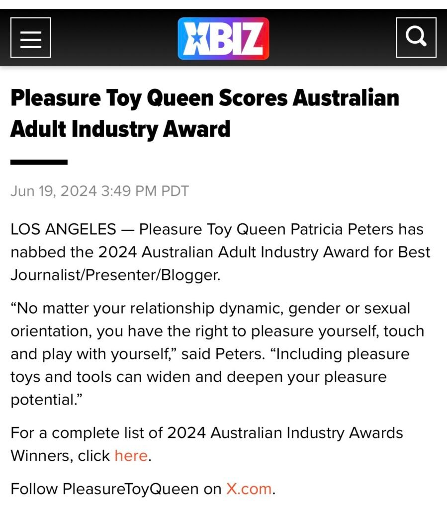 Pleasure Toy Queen Patricia featured in the XBiz Newspaper for her award winning.