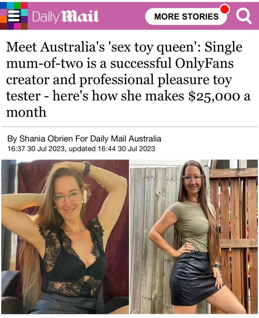 Pleasure Toy Queen Patricia featured in the Daily Mail Newspaper as the Australian Sex Toy Queen.